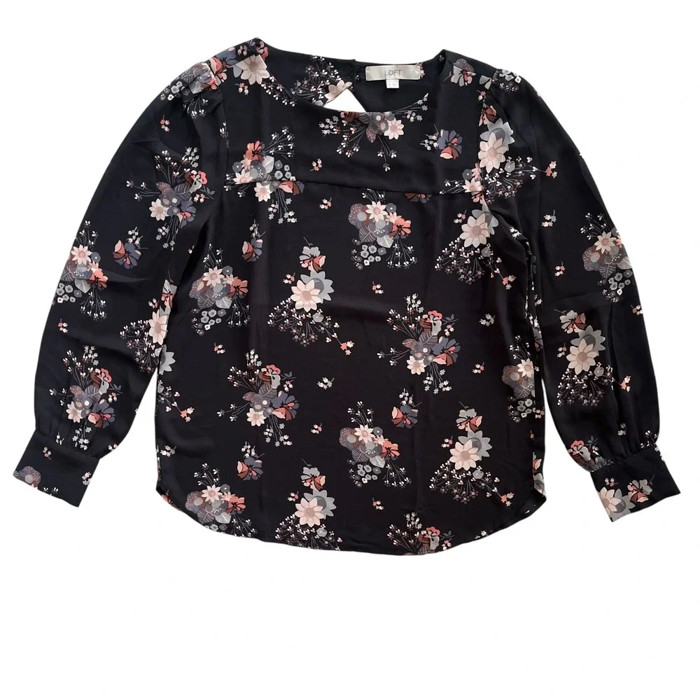 LOFT Women's S Black Pink Floral Bouquet Long Sleeve Cutout Casual Career Blouse